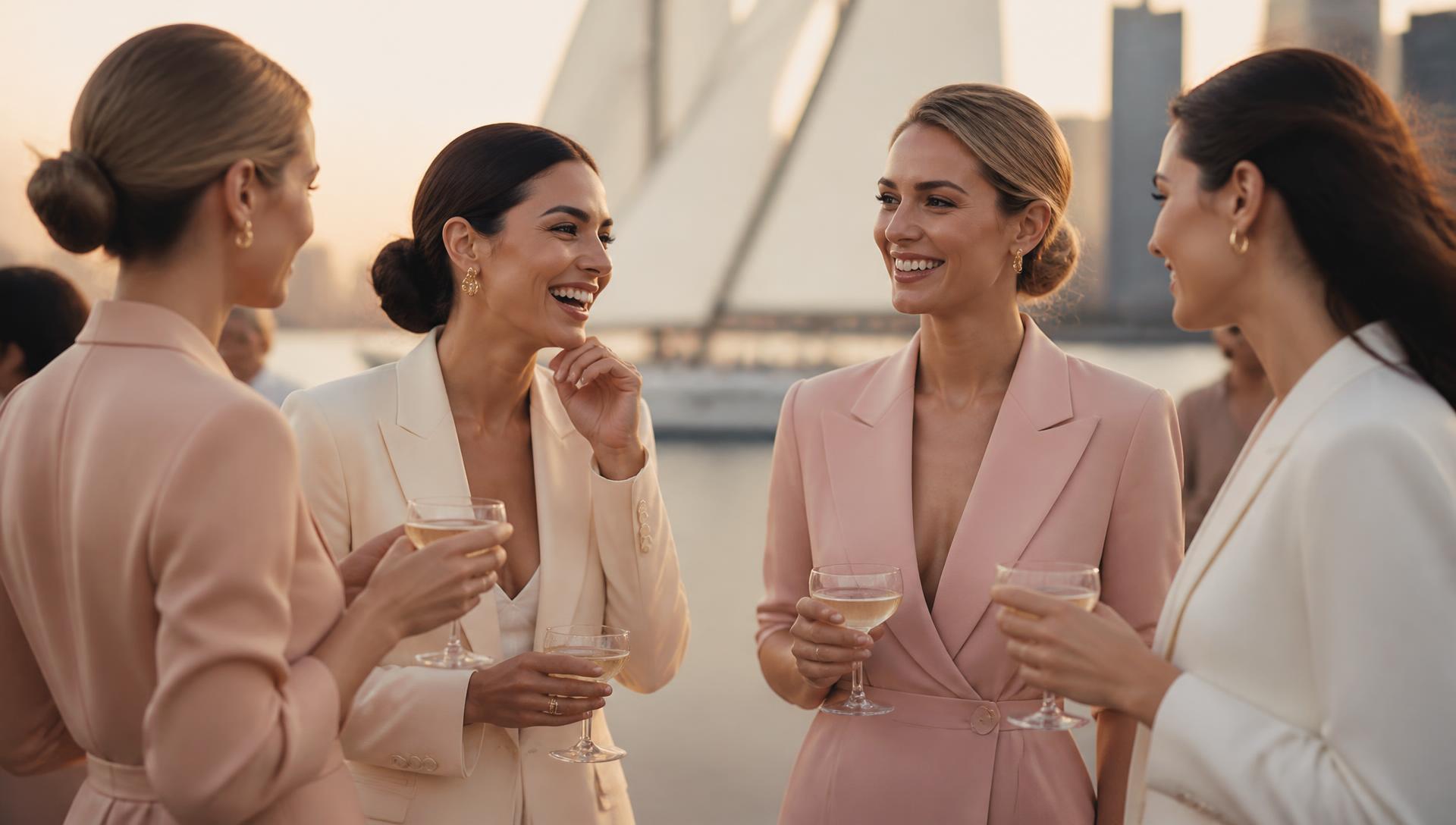 Women founders and business leaders in blush and ivory tailoring in warm conversation over champagne at a luxury networking event on Sydney Harbour