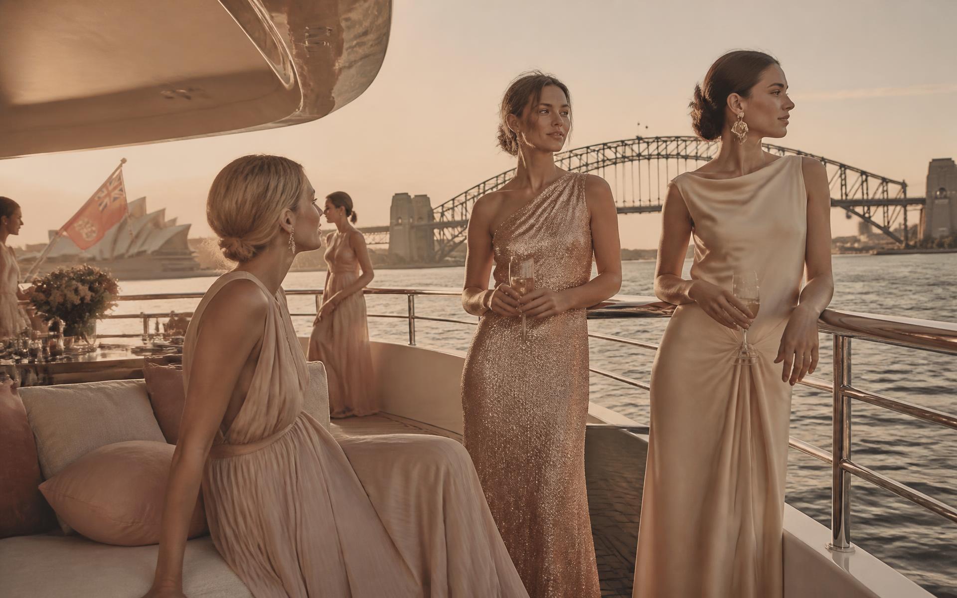 Guests in blush and champagne evening wear aboard a superyacht at sunset on Sydney Harbour