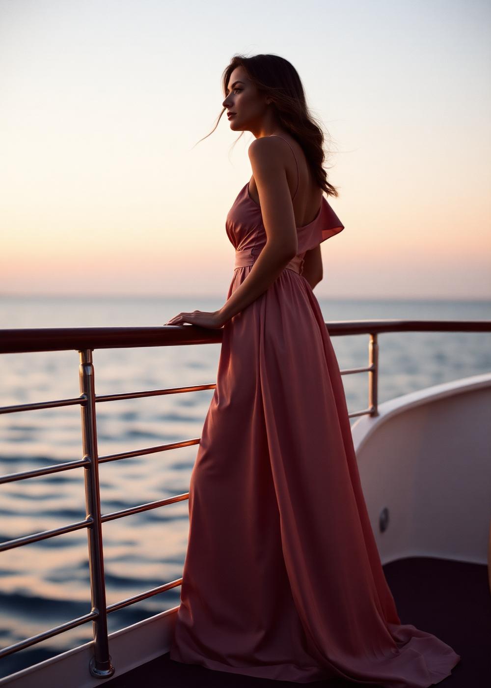 A woman in a blush silk gown at the rail of a boat at dusk