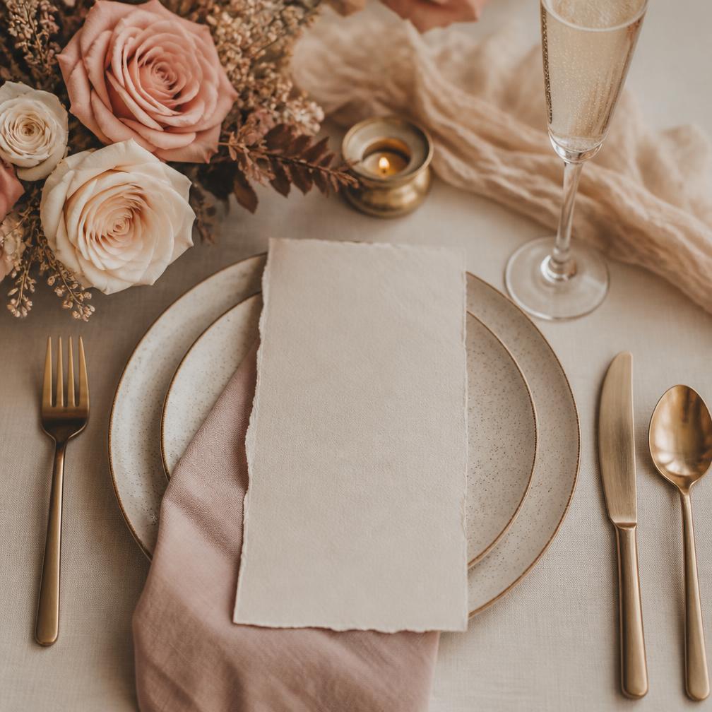 Table setting with blush roses, brass cutlery and champagne
