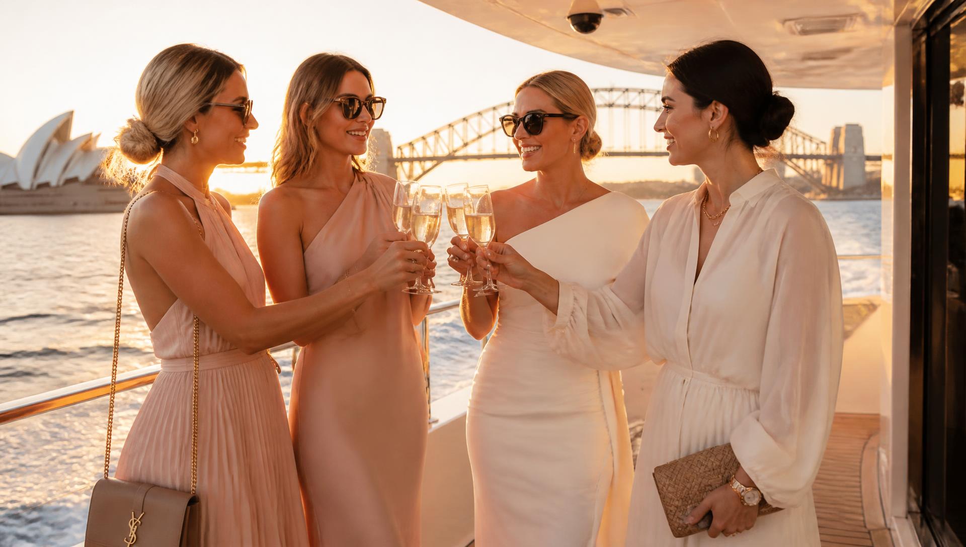 Guests in blush and ivory evening attire raising champagne glasses aboard a superyacht on Sydney Harbour
