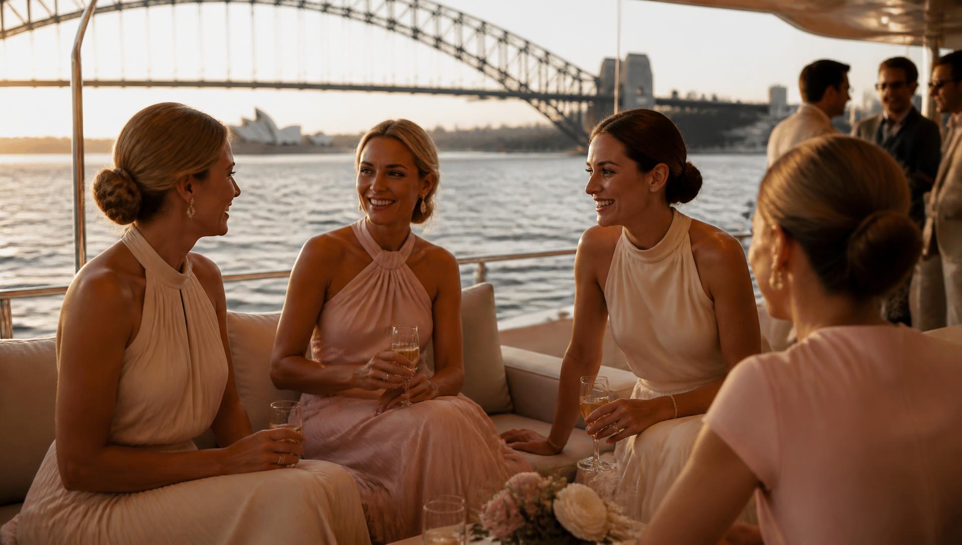 Women in blush and ivory attire in conversation on a superyacht deck on Sydney Harbour at golden hour
