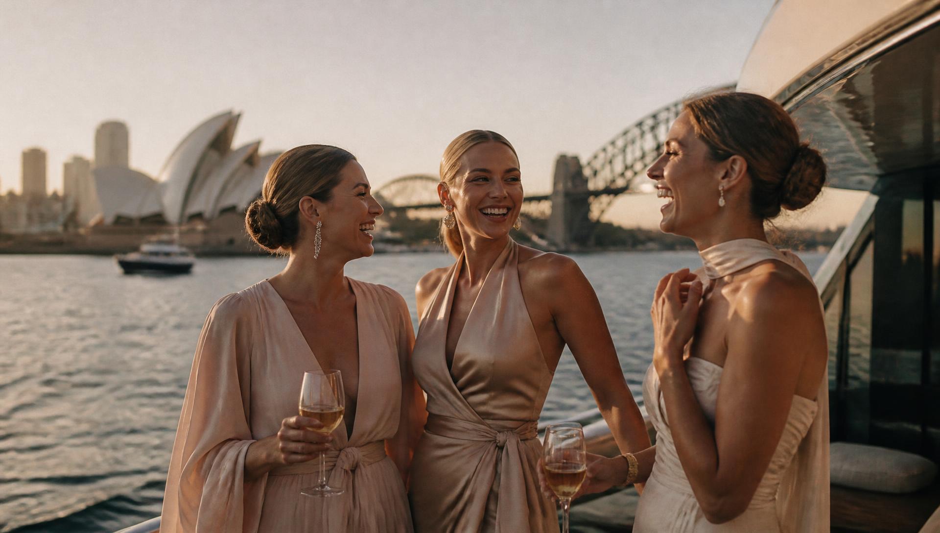 Guests laughing together on a superyacht deck at golden hour on Sydney Harbour