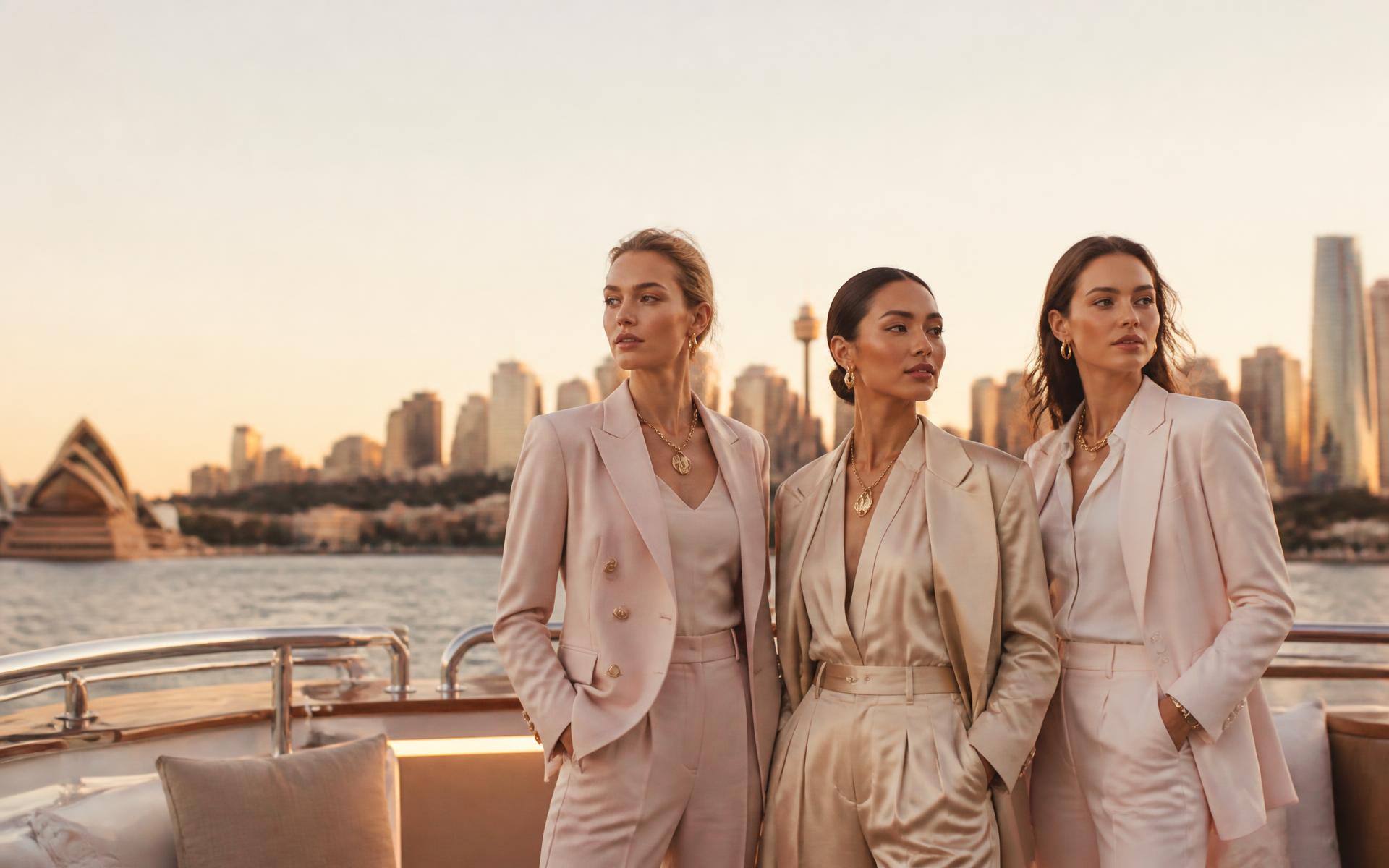 The three FemmeVoyage founders in blush tailoring aboard a yacht on Sydney Harbour at golden hour